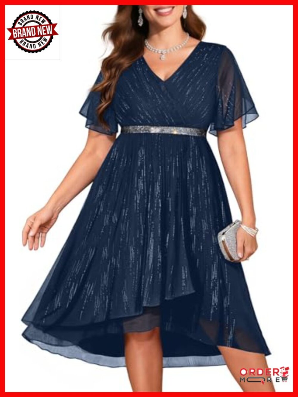 Plus Size Silver Thread Chiffon Pleated Wrap V Neck High Low Midi Dress